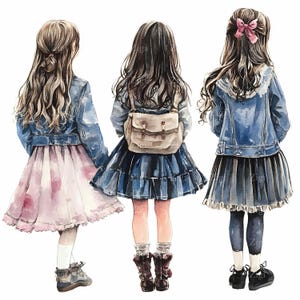 20枚のJPEG形式の女の子の後ろ姿 – 水彩画風の衣装のJPGクリップアート – 10代の若者の壁飾りに最適なスカートとジャケットのアート、おしゃれな印刷可能なイラスト