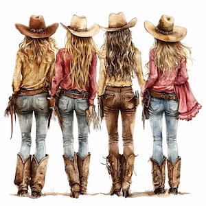 25 cliparts JPEG amis de cow-girl JPG, femmes occidentales dans des chapeaux de cow-boy, téléchargement numérique pays rustique, illustration de filles de rodéo