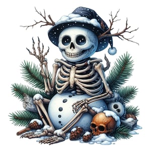 15 Clipart di pupazzo di neve scheletro PNG / Arte del teschio di Natale gotico invernale / Illustrazione di scheletro natalizio carino e inquietante