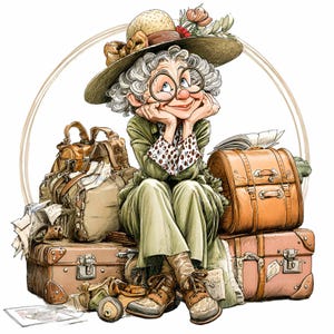 12 PNG Viajero vintage – Abuela divertida con equipaje PNG clipart – Escena de viaje caprichosa para decoración de agendas, tarjetas y arte de diario