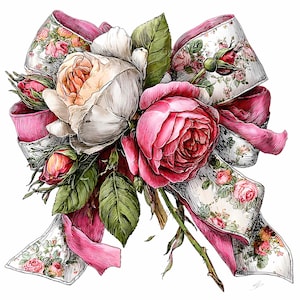 May include: An illustration of a floral bow featuring pink and white roses, buds, and green leaves. The bow has pink ribbons and fabric with a rose pattern. The artwork is detailed with shading and highlights, creating a realistic appearance.