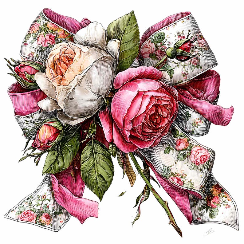 May include: An illustration of a floral bow featuring pink and white roses, buds, and green leaves. The bow has pink ribbons and fabric with a rose pattern. The artwork is detailed with shading and highlights, creating a realistic appearance.