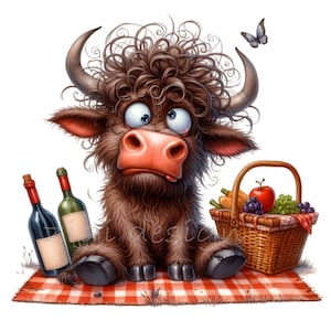 15 Picnic cow PNG – Funny highland cow clipart with wine, picnic basket & butterfly – Summer animal art for shirts, cards, crafts