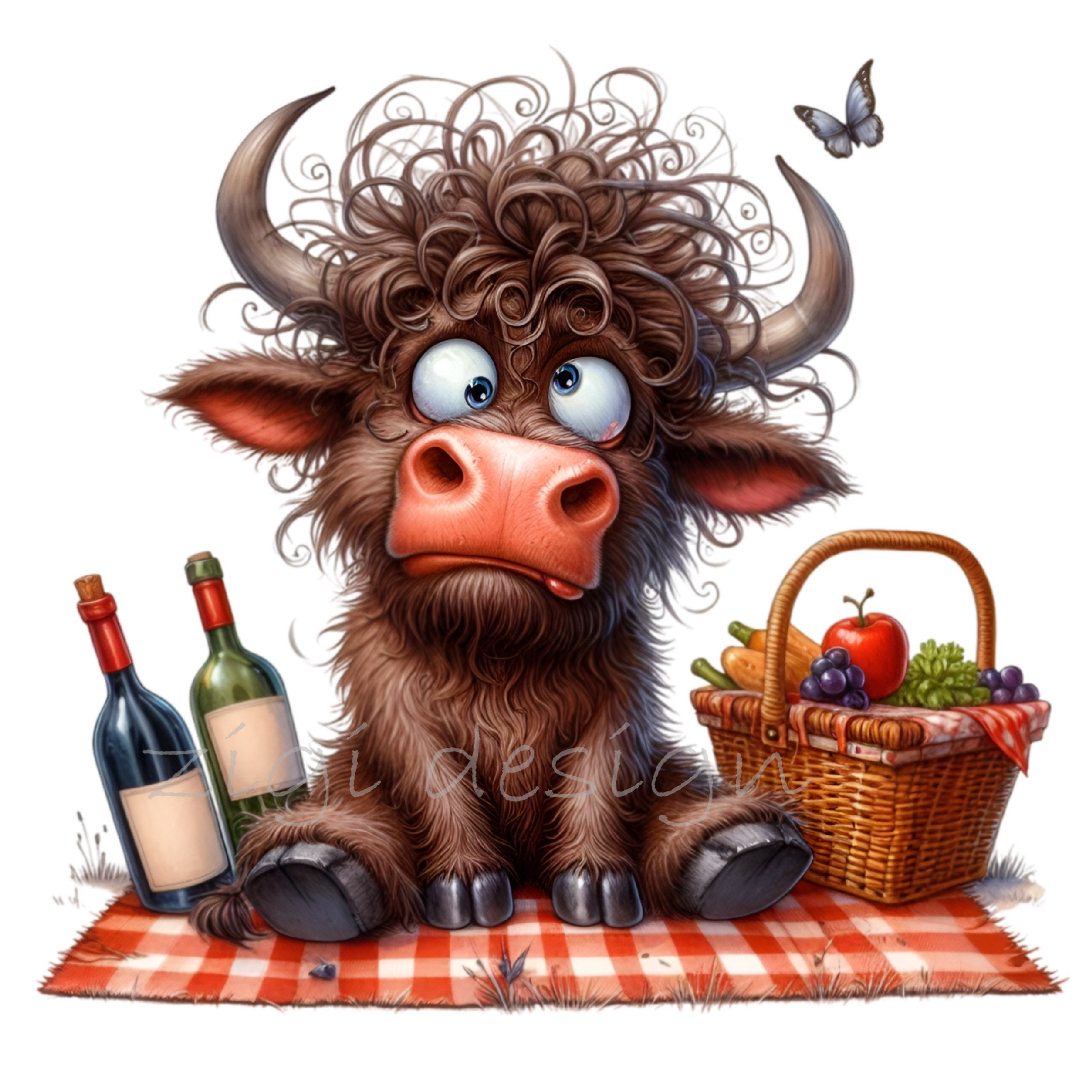 15 Picnic cow PNG – Funny highland cow clipart with wine, picnic basket & butterfly – Summer animal art for shirts, cards, crafts