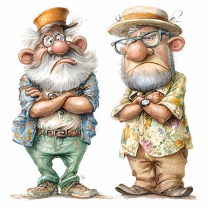 Peut inclure: Illustration à l'aquarelle de deux hommes âgés, les bras croisés, portant chacun un chapeau et des lunettes. L'un porte une chemise à fleurs bleue et un pantalon vert, l'autre une chemise à fleurs jaune et un pantalon beige. Les deux ont des barbes blanches et semblent sévères.