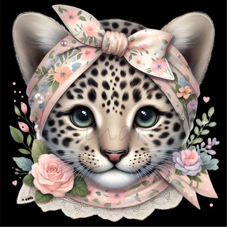 May include: A cute illustration of a baby leopard wearing a pink floral headband with a bow. The leopard has blue eyes and a sweet expression. The headband is decorated with pearls and has a lace trim.