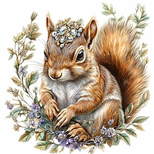 24 Ardillas Reales JPEG - Clipart JPG de Animales del Bosque - Arte con Corona de Bosque para Decoración Infantil, Impresión de Naturaleza Adorable, Descarga Digital