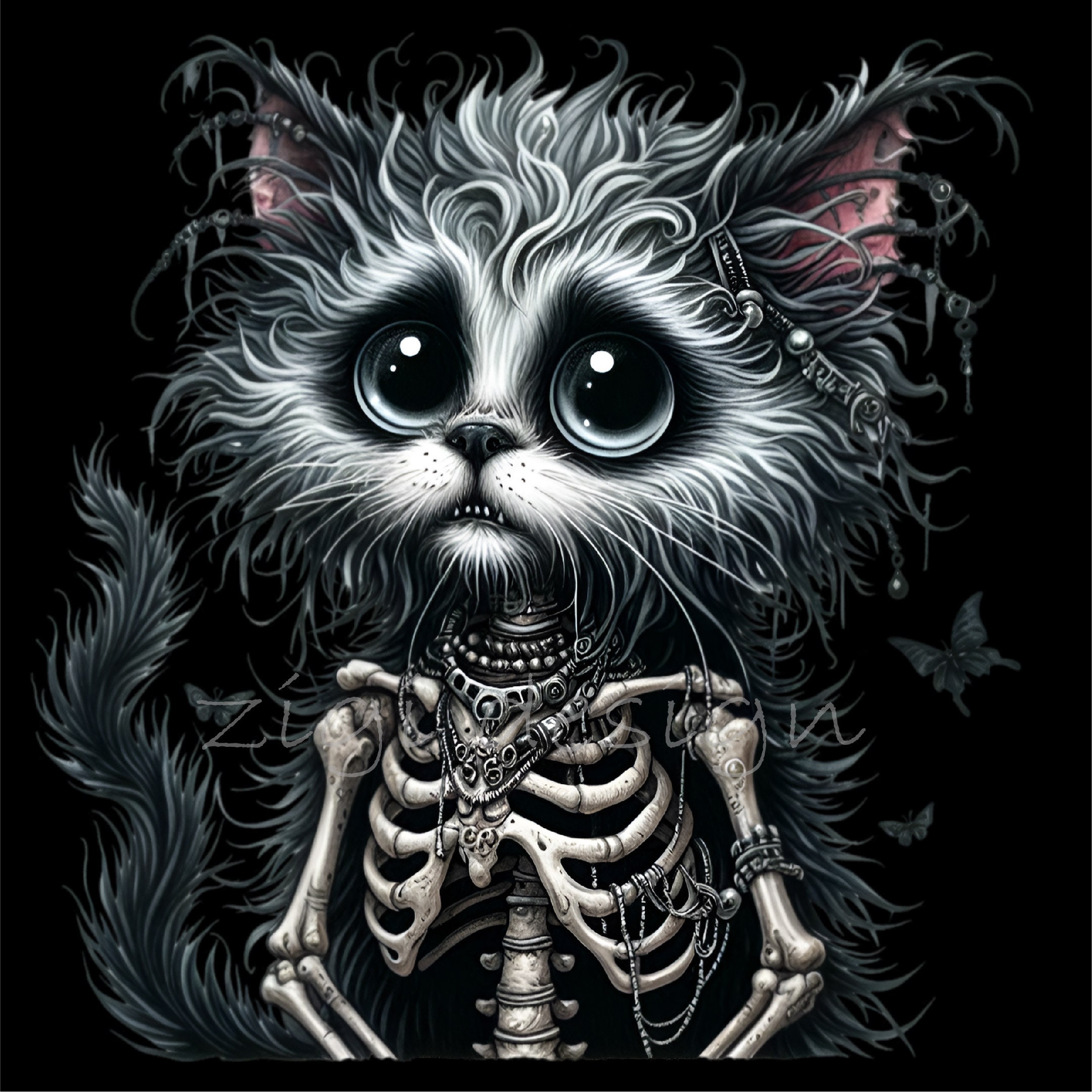 12 PNG Skeleton Cat Clipart - Gothic Furry Skull Kitten With Black Fur ...