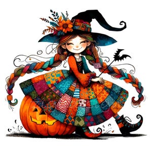 14 Clipart PNG di strega patchwork colorata, ragazza con capelli intrecciati e zucca, arte di Halloween con pipistrello e vestito luminoso