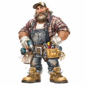 Puede incluir: Ilustración de un trabajador de la construcción barbudo con camisa a cuadros, overoles de mezclilla y cinturón de herramientas. Sostiene un taladro y lleva botas de trabajo y una gorra de béisbol.