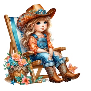 10 PNG Strand Cowgirl Clipart - Süßes westliches Mädchen PNG - Sommerstiefel und Hut Kunst für Kinder Basteln, Wanddekor und printable Projekte