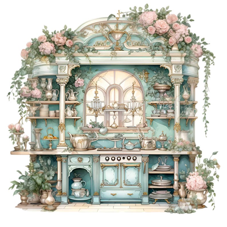 vintage floral kitchen scene clipart set graphic by... 15 PNG Retro Kitchen Pink Roses Cottage Clipart, Floral Stove - Etsy