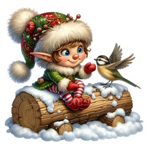 15 kerstelf png-afbeeldingen – Leuke kerstelf op besneeuwde boomstam met vogel, gestreepte kousen, feestelijke hoed en winterbos