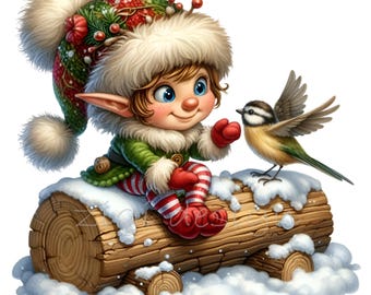 15 imágenes PNG de elfo navideño en tronco, pájaro de invierno, imágenes prediseñadas para sublimación