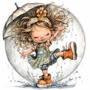 Puede incluir: Una ilustraci&oacute;n caprichosa de un ni&ntilde;o jugando alegremente bajo la lluvia. El ni&ntilde;o lleva un vestido floral, un peto vaquero y botas naranjas, con una flor amarilla en el pelo. Un paraguas protege de la lluvia.