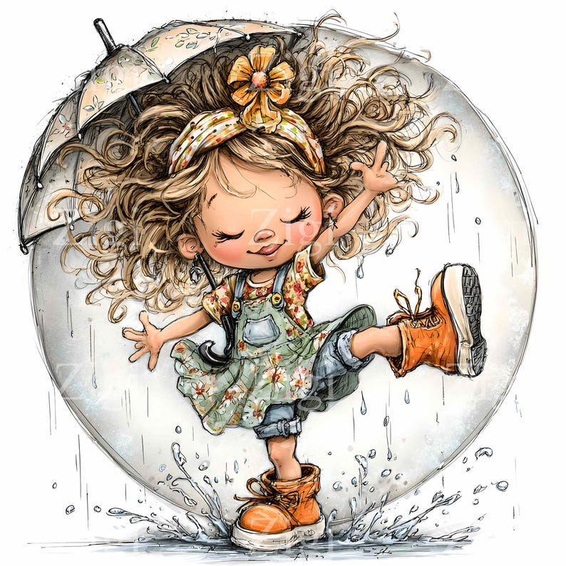 Puede incluir: Una ilustraci&oacute;n caprichosa de un ni&ntilde;o jugando alegremente bajo la lluvia. El ni&ntilde;o lleva un vestido floral, un peto vaquero y botas naranjas, con una flor amarilla en el pelo. Un paraguas protege de la lluvia.