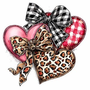 May include: An illustration of three heart shapes with bows. One heart is pink, another is leopard print, and the third is red and white checked. The bows feature leopard print, black and white checked, and red and white checked patterns.