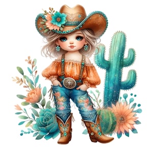 15 Carine Western Cowgirl PNG – Bambina con Cappello da Cowboy con Cactus e Fiori, Country Clipart Download Digitale