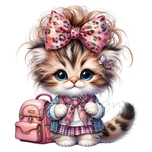 Clip Art di gattino, Clipart di fiocco leopardo, 15 PNG di pelliccia di ghepardo con stampa animale, Maglietta scolastica per bambini, Tazza tumbler per sublimazione, Planner