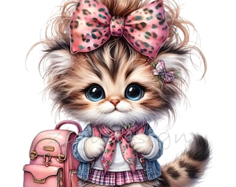 15 PNG School Kitten with Backpack, Leopard Bow Cat Student