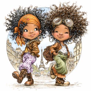 14 JPEG Chicas en las calles de París: Imágenes prediseñadas JPG de lindas chicas con cabello rizado a la moda: ilustraciones urbanas y elegantes para la decoración de habitaciones infantiles y proyectos de manualidades digitales