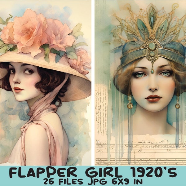 Flapper Girl Digital Paper JPG Junk Journal 1920's Printable DIY Party Invitation Cards