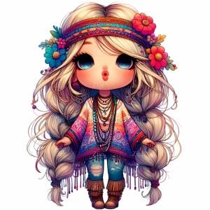 12 Clipart PNG di ragazza hippie, illustrazione di un vestito colorato, arte digitale retrò stravagante per l'artigianato