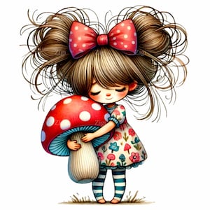 10 PNG niedliches Mädchen mit Pilz PNG Clipart, wunderliches Cartoon-Mädchen mit Fliegenpilz, Blumenkleid, Kinderzimmer Kunst, Instant Download