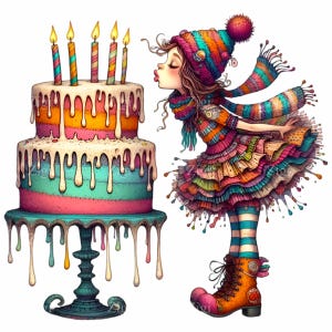 Clipart anniversaire fille PNG, 17 tenues d'hiver colorées et illustration de gâteau, art de célébration amusant pour travaux manuels