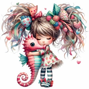15 かわいい女の子がタツノオトシゴを抱きしめる PNG、気まぐれな海のイラスト、工芸品用のパステル ファンタジー クリップアート