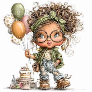 May include: Cartoon illustration of a girl with curly brown hair, wearing large round glasses, a green jacket, and ripped jeans. She holds balloons and stands near a birthday cake and presents. The image has a whimsical, celebratory theme.