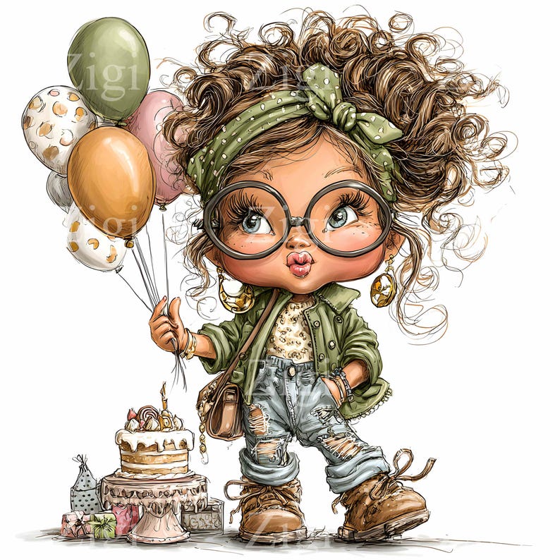 May include: Cartoon illustration of a girl with curly brown hair, wearing large round glasses, a green jacket, and ripped jeans. She holds balloons and stands near a birthday cake and presents. The image has a whimsical, celebratory theme.