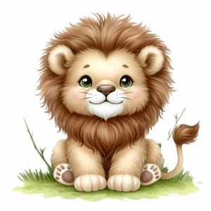 Kawaii Lion PNG Clipart | 12 Cute Baby Lion Sitting on Grass Ilustração | Adorável Lion Art Digital Download