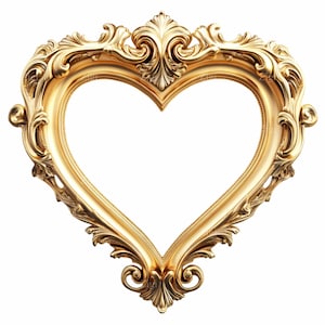 26 Marcos de corazón dorados PNG Clipart – Marco decorativo de estilo barroco adornado con volutas florales – Arte elegante para manualidades de sublimación