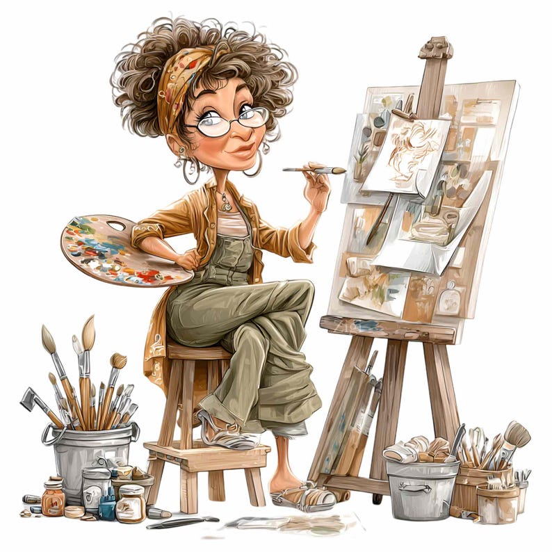 May include: Illustration of an artist with curly hair, wearing glasses, overalls, and a yellow jacket, seated on a stool. She holds a paintbrush and a palette with paint colours. An easel with artwork and various art supplies are in the background.