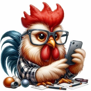 以下が含まれることがあります： 眼鏡と格子柄のシャツを着た雄鶏が黒いスマートフォンを持っています。雄鶏は赤い鶏冠と肉垂れがあり、羽根は茶色、白、青の混合色です。