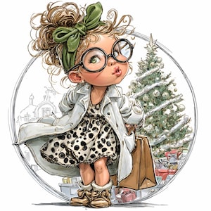 15 PNG Holiday girl – Christmas shopping PNG clipart – Cute fashionable kid with gifts and tree for festive cards, crafts and decor