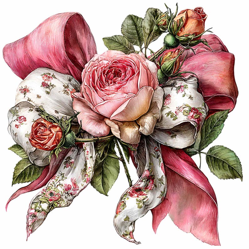 May include: A detailed illustration of a pink rose with a large pink bow and smaller rose buds. The bow is a solid pink color, while the ribbons have a floral pattern. Green leaves and stems surround the flowers, creating a romantic and vintage aesthetic.