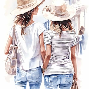28 JPEG Summer Girls Clipart JPG, Zwei Frauen in Hüten und Casual Outfits, die zusammen gehen, Mode-Illustration Kunstdruck