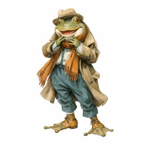 Puede incluir: Ilustración en acuarela de una rana vestida con una gabardina, sombrero y bufanda color beige. La rana lleva pantalones azules, tirantes y botas marrones. La rana sonríe y tiene las manos cerca de la cara.