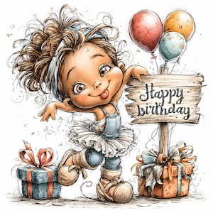 12 imágenes prediseñadas JPEG de bailarina de cumpleaños: linda niña. Arte de dibujos animados con globos y regalos para invitaciones de fiesta, tarjetas y decoración imprimible.