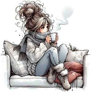 Image clipart fille hiver PNG - Femme détendue PNG - Pull chaud et oeuvre d'art sur le thé pour des impressions saisonnières, des autocollants pour agenda, des cartes et des décorations d'intérieur