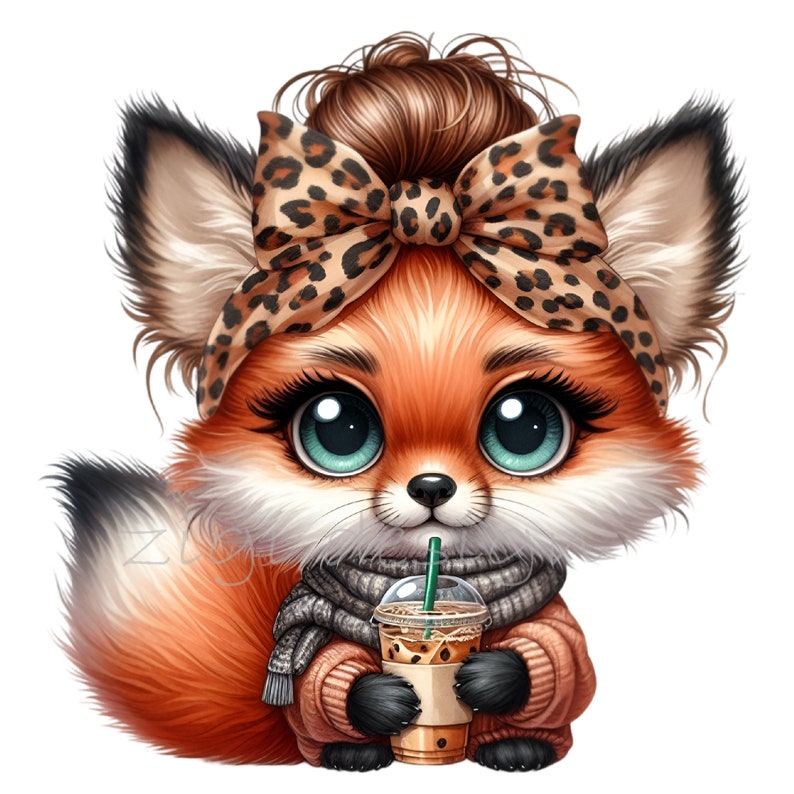 Puede incluir: Un zorro de dibujos animados con un mo&ntilde;o marr&oacute;n, usando una diadema de estampado de leopardo y una bufanda gris, sosteniendo una taza de caf&eacute; helado.