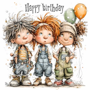 19 JPEG Niños Rústicos – Feliz Cumpleaños JPG – Clipart Infantil Extravagante para Invitaciones, Tarjetas de Felicitación, Arte Imprimible para Fiestas, Scrapbooking