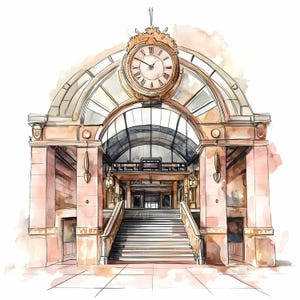 35 imágenes prediseñadas de estación de tren histórica en formato JPEG, ilustración de edificio con reloj en acuarela en formato JPEG, obra de arte digital arquitectónica