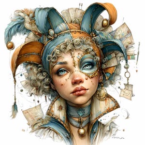 Könnte beinhalten: Detaillierte Illustration einer Person in einem Narrenkostüm. Der Hut des Narren ist blau und orange, mit Federn und goldenen Akzenten. Die Person hat blaue Augen, lockiges Haar und eine dekorative Maske. Die Farbpalette ist weich und skurril.