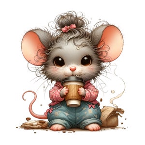 15 Clipart PNG de souris mignonne tenant un café avec des cheveux en désordre, un pyjama et des biscuits – Art animalier adorable pour travaux manuels et décoration