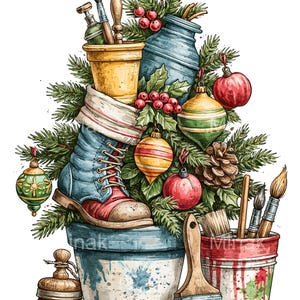 May include: A festive arrangement featuring a blue boot, paintbrushes, and paint pots decorated with pine branches, red berries, and colorful ornaments. The composition includes a large central pot, a smaller red-splattered bucket, and brushes.