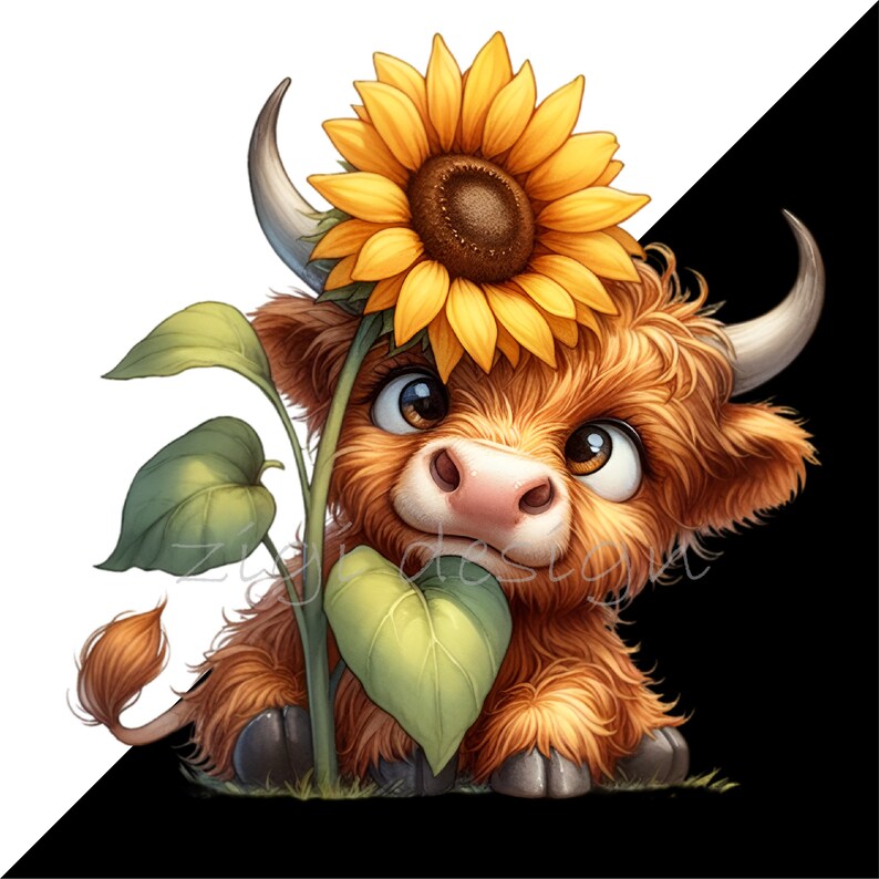 14 PNG Sunflower Highland Cow Clipart – Floral Farm Animal - Etsy