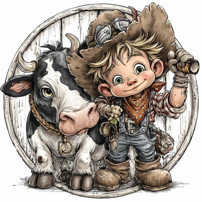 10 PNG Western Farm Clipart – Cowboy Boy Riding Cow PNG – Kids Nursery ...